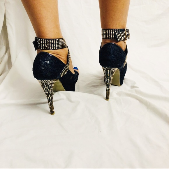 Krasceva Dark Blue Platform Studded Belted Heels - Picture 5 of 7